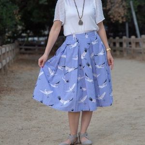 Blue & White Pinstriped Skirt with Cranes.